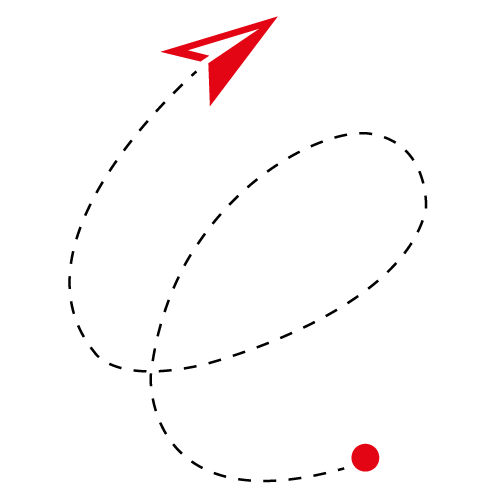 Ein rotes Papierflugzeug folgt einer gestrichelten Schleife, die sich um einen roten Punkt auf hellgrauem Hintergrund windet und die kreative Energie von Webdesign Karlsruhe widerspiegelt.