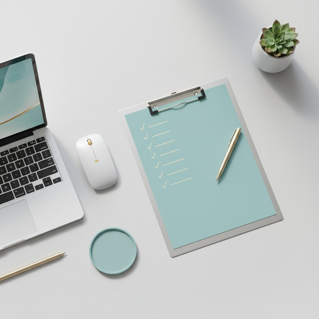 Ein minimalistischer Arbeitsplatz mit einem Laptop, einer kabellosen Maus, einem Stift, einem Klemmbrett mit einer blauen Checkliste neue Website, einem runden Untersetzer und einer kleinen getopften Sukkulente auf einem wei&szlig;en Schreibtisch.