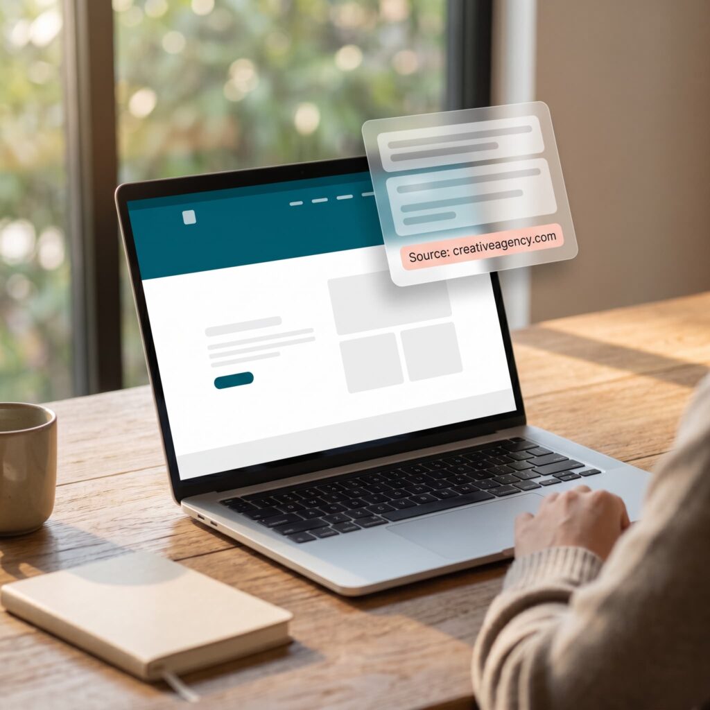 Laptop mit einer Website in Teal und weiß, über dem Bildschirm schwebt ein KI-Antwortfenster mit Quellen-Verweis – symbolisiert, wie ChatGPT Websites als Quelle zitiert.