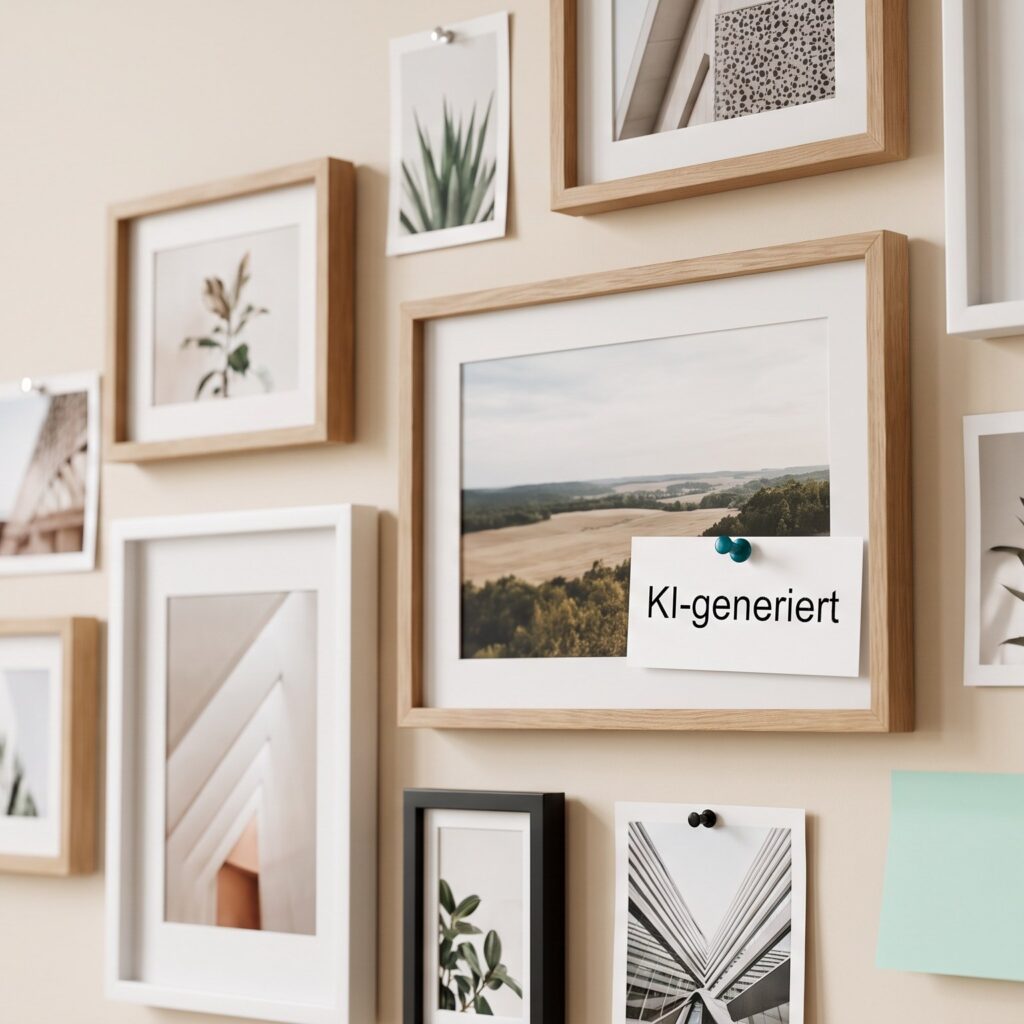 Fotowand mit gerahmten Bildern an einer beigen Wand; auf dem mittleren Landschaftsfoto klebt ein Zettel mit der Aufschrift „KI-generiert".